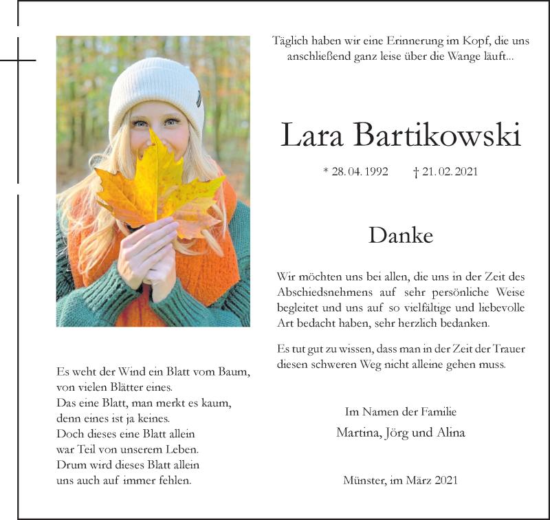  Traueranzeige für Lara Bartikowski vom 02.04.2021 aus 