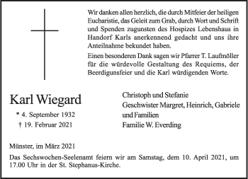 Anzeige von Karl Wiegard 