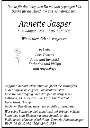 Anzeige von Annette Jasper 