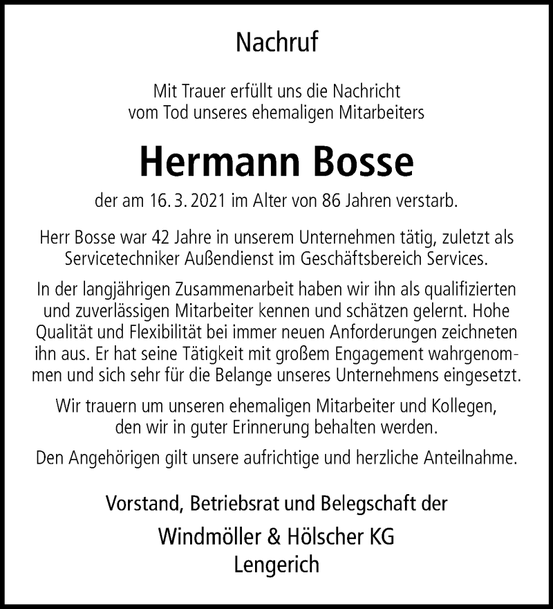  Traueranzeige für Hermann Bosse vom 20.04.2021 aus 