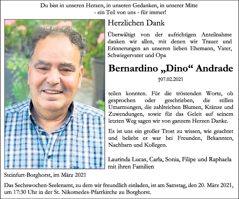  Traueranzeige für Bernardino Andrade vom 17.03.2021 aus 