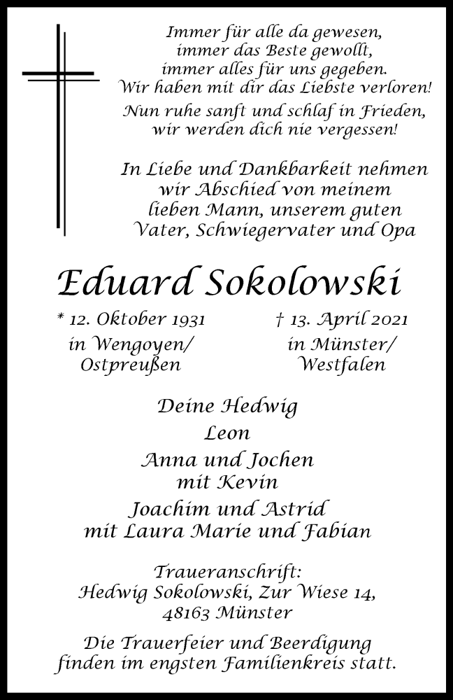  Traueranzeige für Eduard Sokolowski vom 17.04.2021 aus 