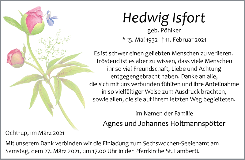  Traueranzeige für Hedwig Isfort vom 24.03.2021 aus 