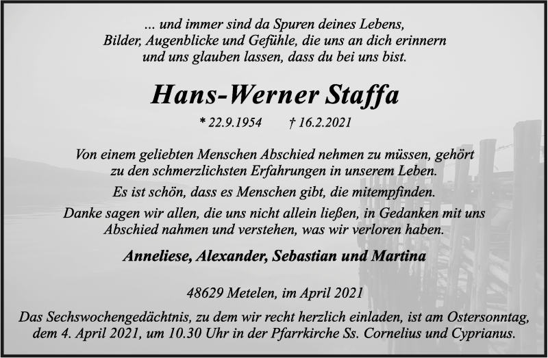  Traueranzeige für Hans-Werner Staffa vom 01.04.2021 aus 