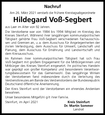 Anzeige von Hildegard Voß-Segbert 