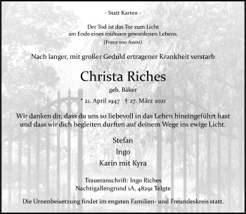 Anzeige von Christa Riches 
