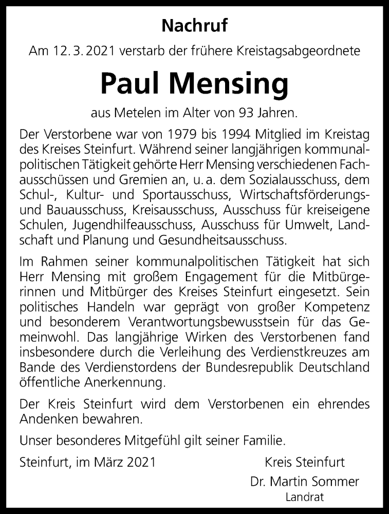  Traueranzeige für Paul Mensing vom 25.03.2021 aus 