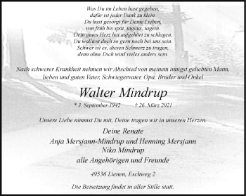 Anzeige von Walter Mindrup 