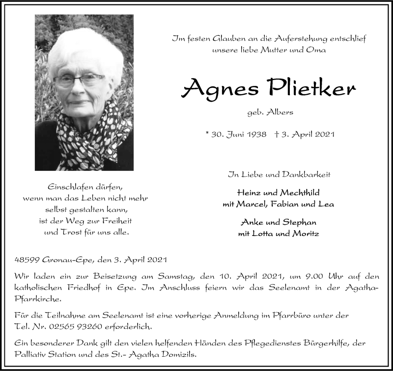  Traueranzeige für Agnes Plietker vom 07.04.2021 aus 