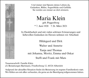 Anzeige von Maria Klein 