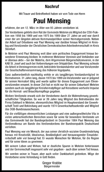 Anzeige von Paul Mensing 