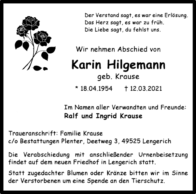  Traueranzeige für Karin Hilgemann vom 24.04.2021 aus 