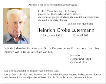 Anzeige von Heinrich Große Lutermann 