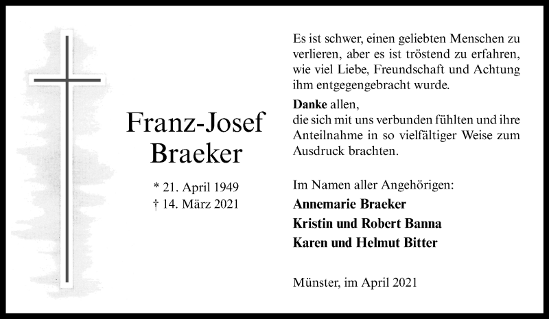  Traueranzeige für Franz-Josef Braeker vom 24.04.2021 aus 
