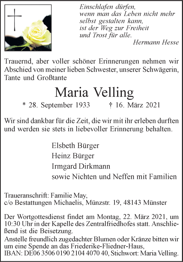  Traueranzeige für Maria Velling vom 20.03.2021 aus 