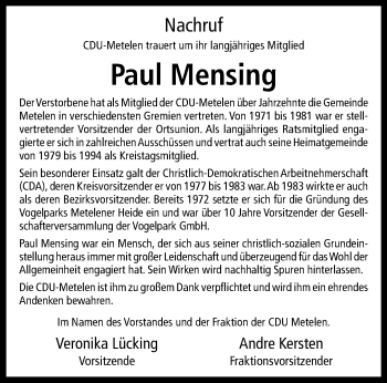 Anzeige von Paul Mensing 