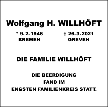Anzeige von Wolfgang H. Wilhöft 