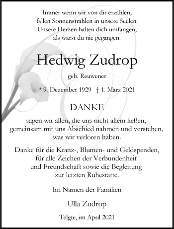 Anzeige von Hedwig Zudrop 