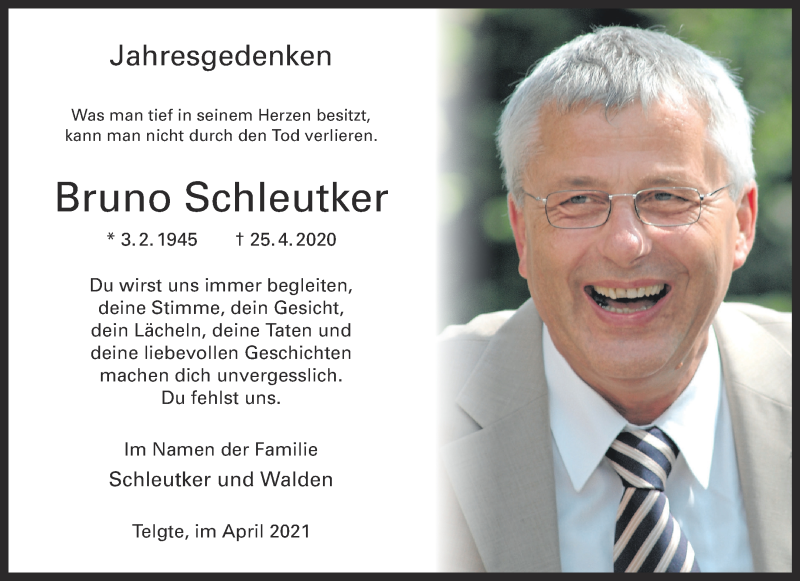  Traueranzeige für Bruno Schleutker vom 24.04.2021 aus 