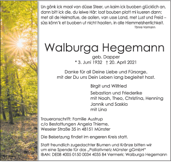 Anzeige von Walburga Hegemann 