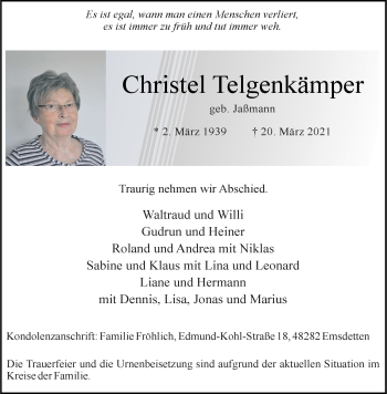 Anzeige von Christel Telgenkämper 