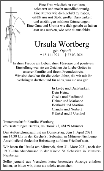 Anzeige von Ursula Wortberg 