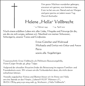 Anzeige von Helene Vollbrecht 