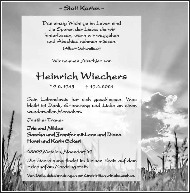  Traueranzeige für Heinrich Wiechers vom 27.04.2021 aus 