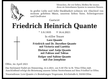 Anzeige von Friedrich Heinrich Quante 
