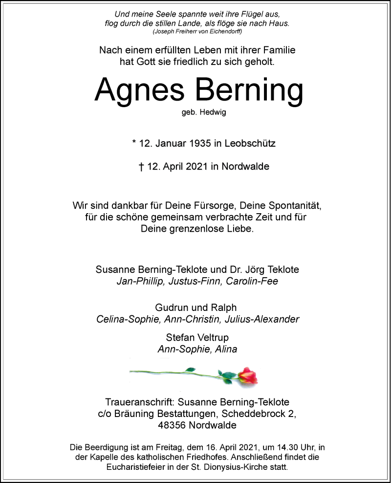  Traueranzeige für Agnes Berning vom 14.04.2021 aus 