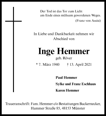 Anzeige von Inge Hemmer 