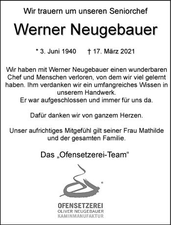 Anzeige von Werner Neugebauer 