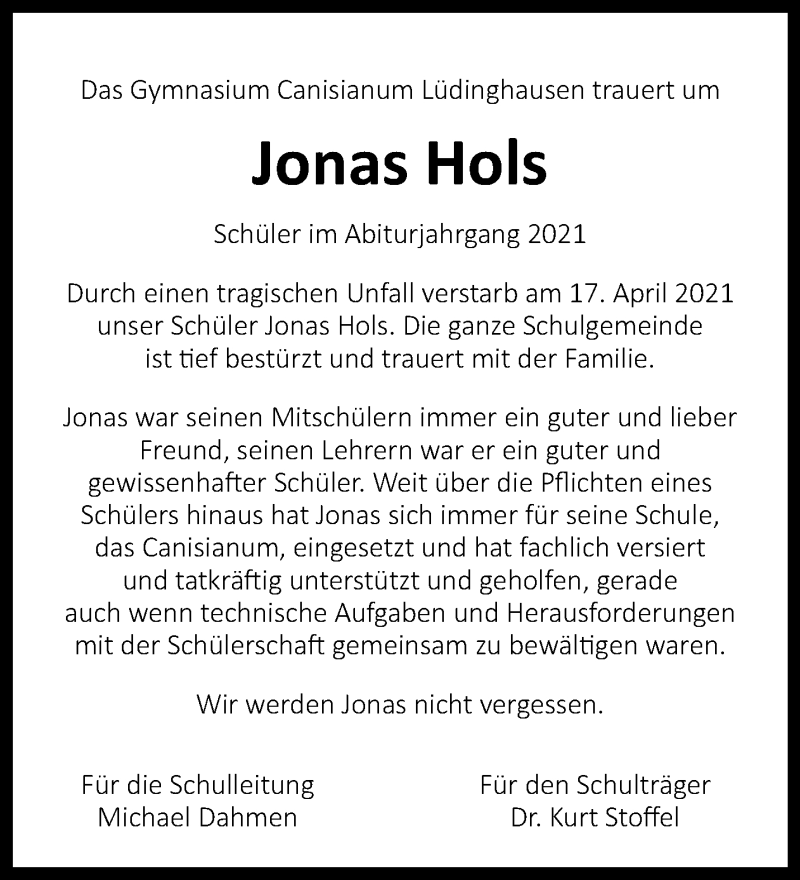  Traueranzeige für Jonas Hols vom 23.04.2021 aus 