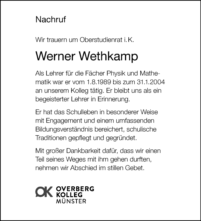  Traueranzeige für Werner Wethkamp vom 20.03.2021 aus 