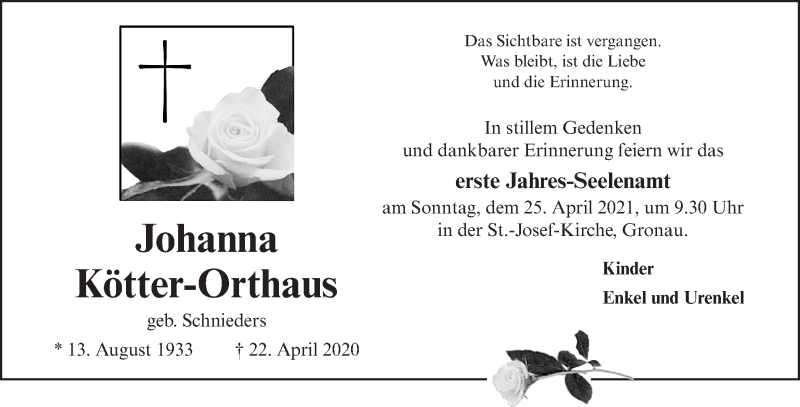  Traueranzeige für Johanna Kötter-Orthaus vom 17.04.2021 aus 