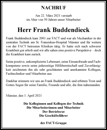 Anzeige von Frank Buddendieck 