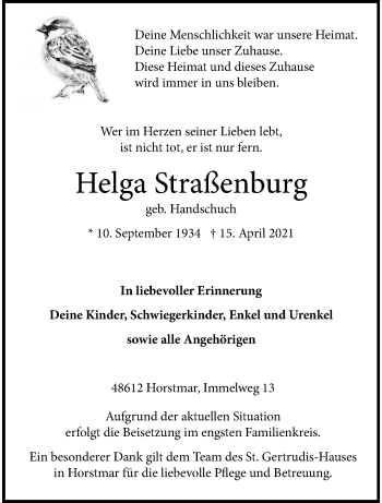 Anzeige von Helga Straßenburg 