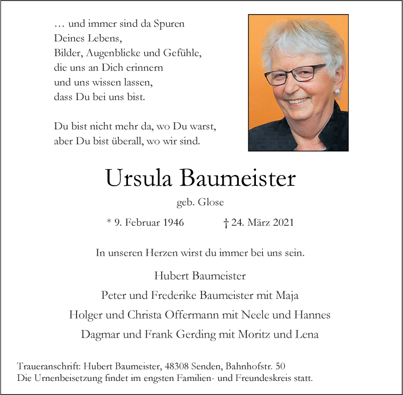  Traueranzeige für Ursula Baumeister vom 02.04.2021 aus 