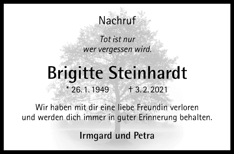  Traueranzeige für Brigitte Steinhardt vom 20.03.2021 aus 