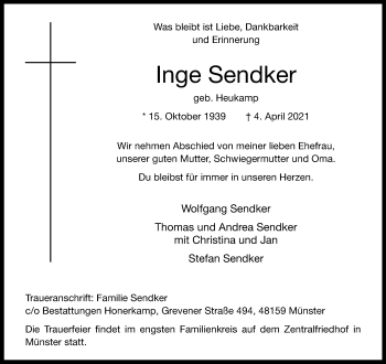 Anzeige von Inge Sendker 