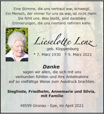 Anzeige von Lieselotte Lenz 