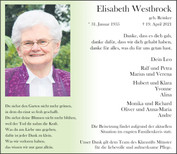 Anzeige von Elisabeth Westbrock 