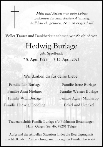 Anzeige von Hedwig Burlage 