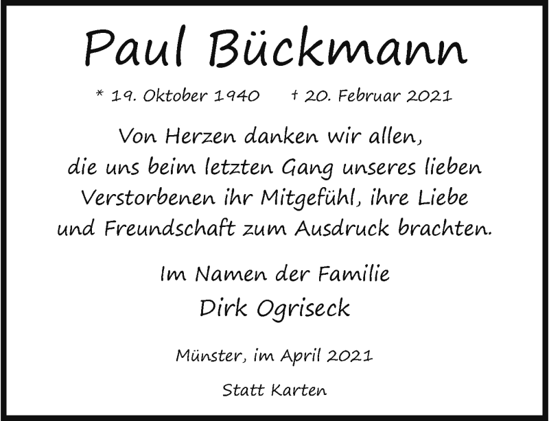  Traueranzeige für Paul Bückmann vom 02.04.2021 aus 