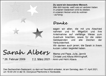 Anzeige von Sarah Albers 