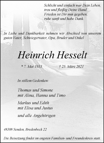 Anzeige von Heinrich Hesselt 