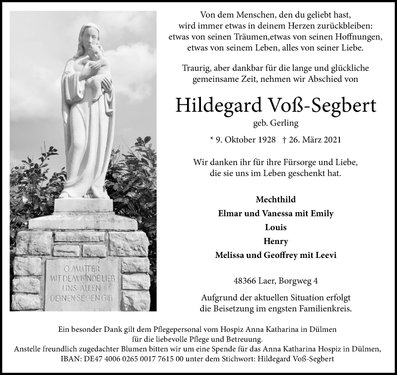  Traueranzeige für Hildegard Voß-Segbert vom 31.03.2021 aus 
