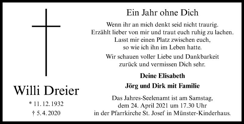  Traueranzeige für Willi Dreier vom 21.04.2021 aus 