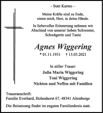 Anzeige von Agnes Wiggering 