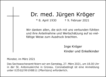 Anzeige von Jürgen Dr. med. Kröger 